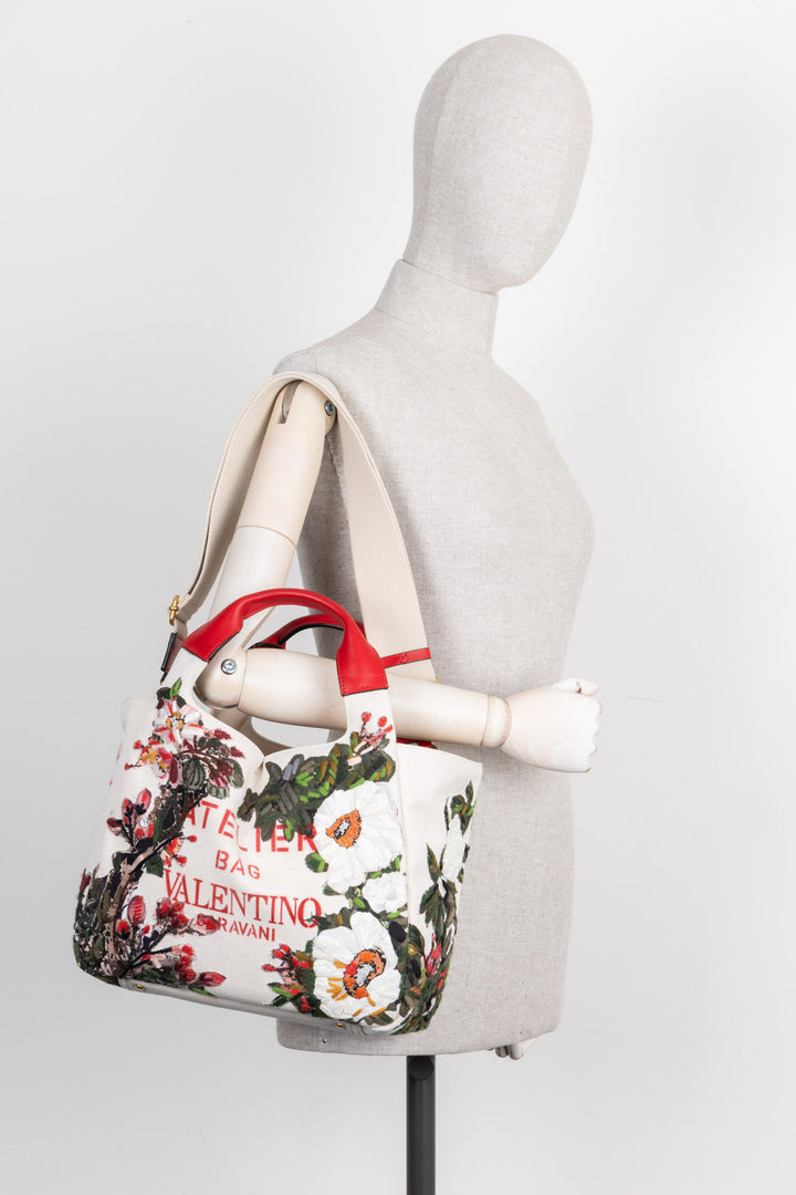 VALENTINO Sac Atelier Toile Brodée Beige