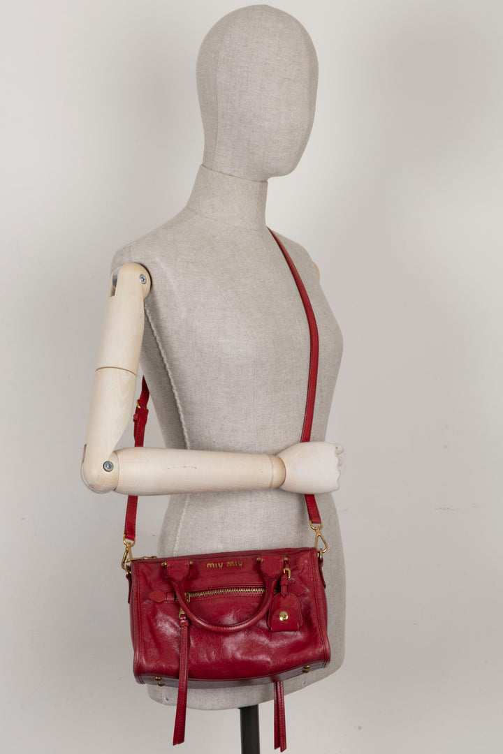 MIU MIU Vitello Shine Satchel Bag Calfskin Red