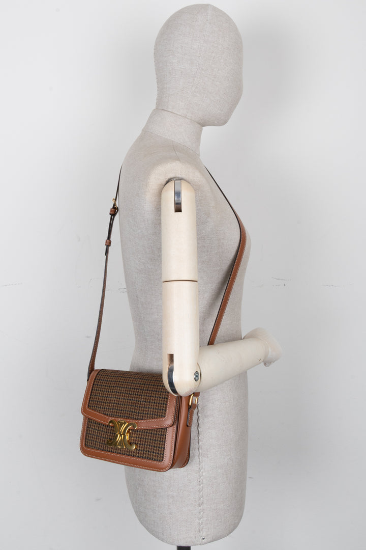 CELINE Teen Triomphe Houndstooth Crossbody Bag Brown