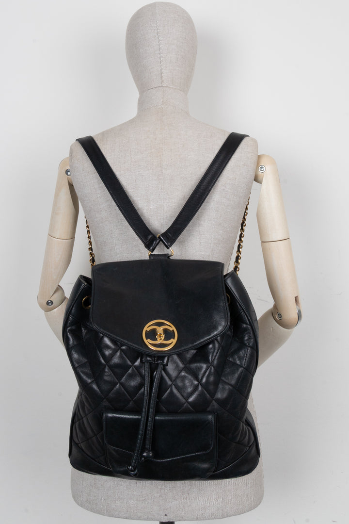 CHANEL Vintage Drawstring CC Backpack Large Black