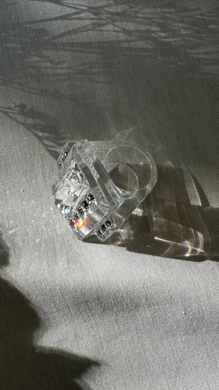 CHRISTIAN DIOR Lucite & Crystal Cocktail Ring PVC