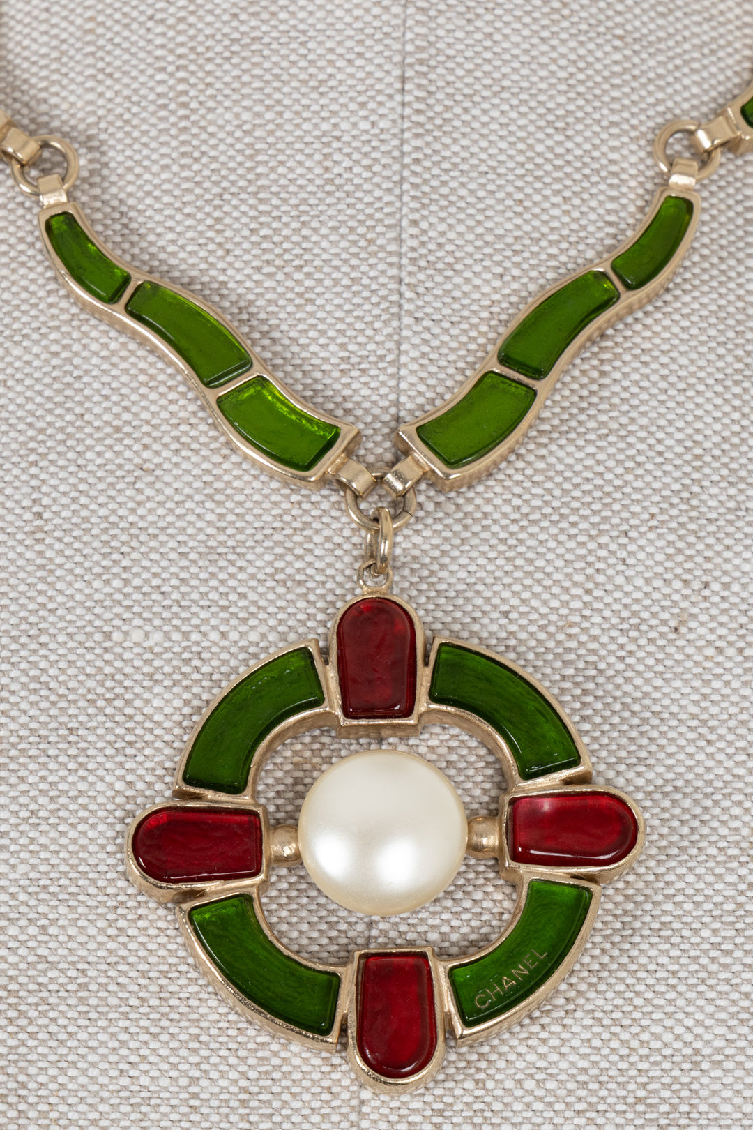 CHANEL 2007 Gripoix Cross Necklace Green Gold