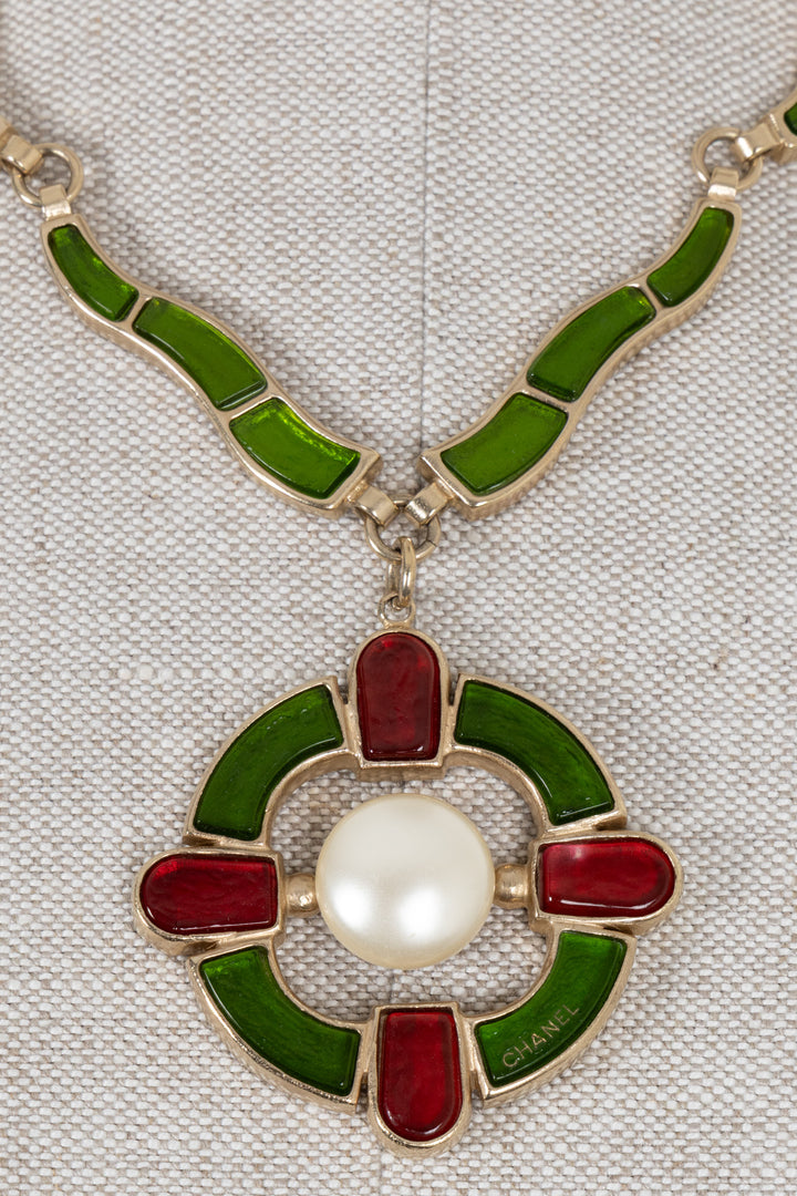 CHANEL 2007 Gripoix Cross Necklace Green Gold