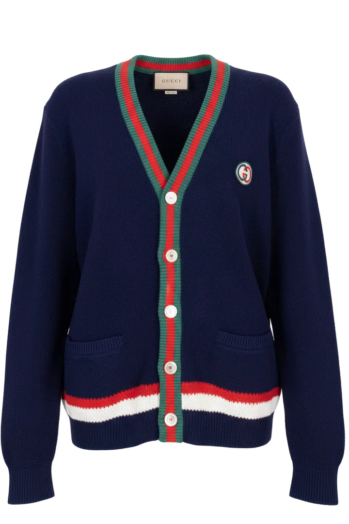 GUCCI Cardigan en maille rayée Web GG bleu