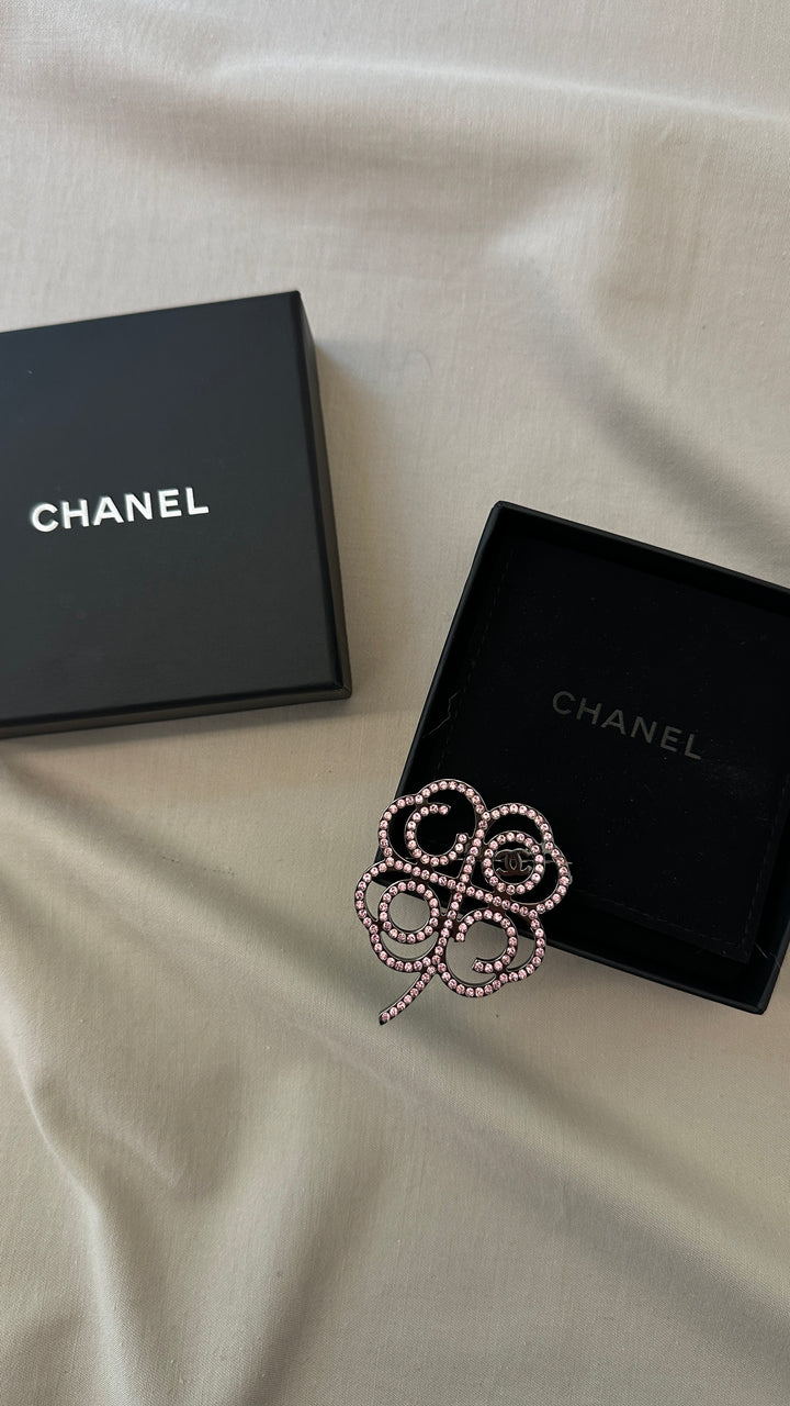 CHANEL Clover Brooch Crystals Pink