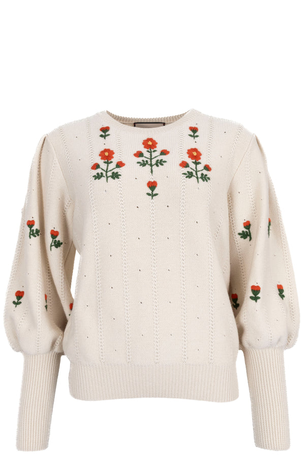 GUCCI 2021 Flower Embroidered Knit Cream