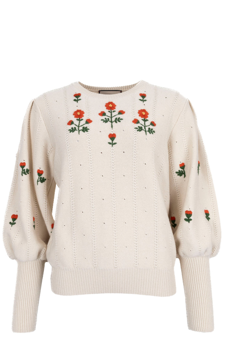 GUCCI 2021 Flower Embroidered Knit Cream