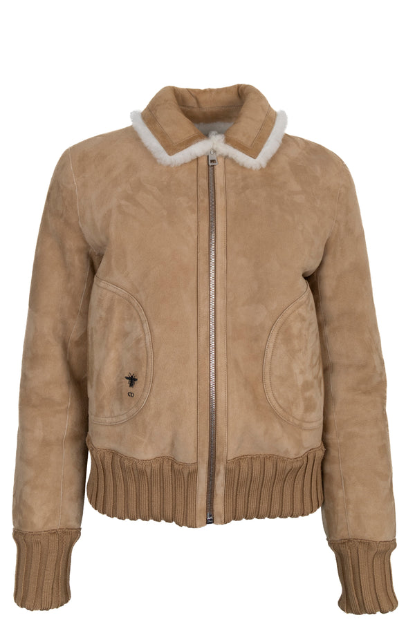 CHRISTIAN DIOR Blouson bomber réversible en peau lainée, fermeture éclair, daim beige