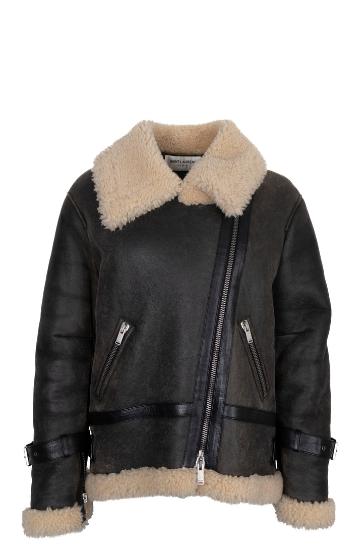 Blouson bomber marron SAINT LAURENT 2023 avec bordure en peau lainée