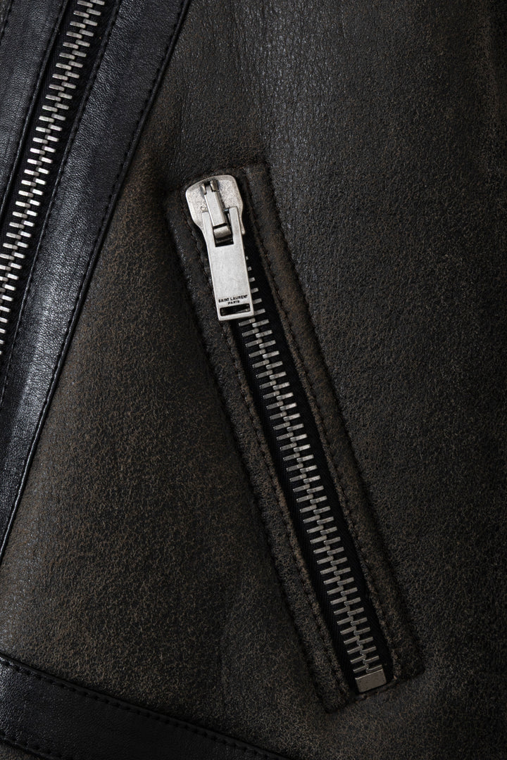 Blouson bomber marron SAINT LAURENT 2023 avec bordure en peau lainée