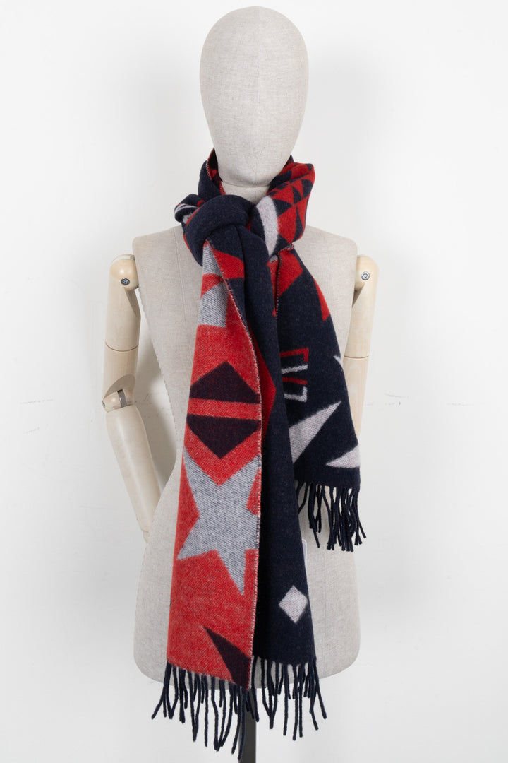 MONCLER Écharpe à logo frangé Laine Bleu marine Rouge Bleu marine