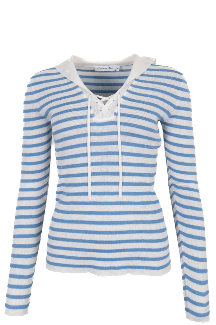 CHRISTIAN DIOR Logo Striped Knit Top Linen Blue White