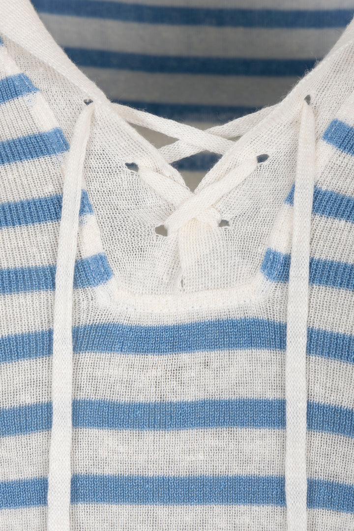 CHRISTIAN DIOR Logo Striped Knit Top Linen Blue White