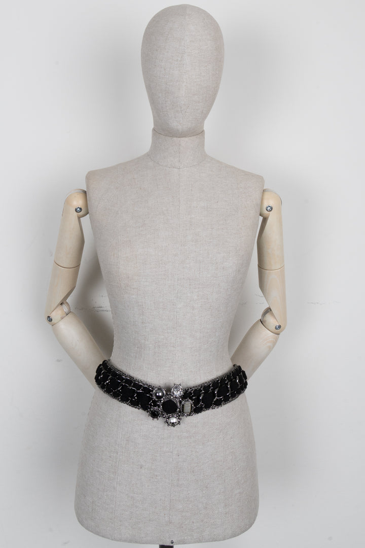CHANEL 2005 Cross Chain Tweed Belt Black