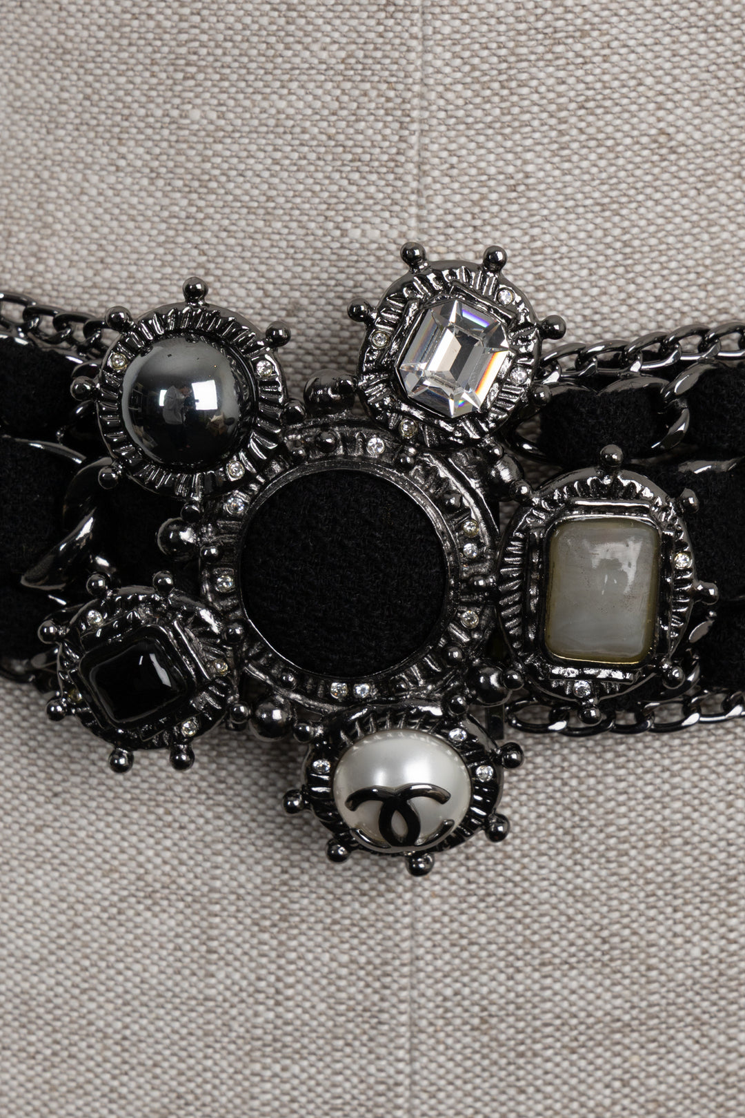 CHANEL 2005 Cross Chain Tweed Belt Black