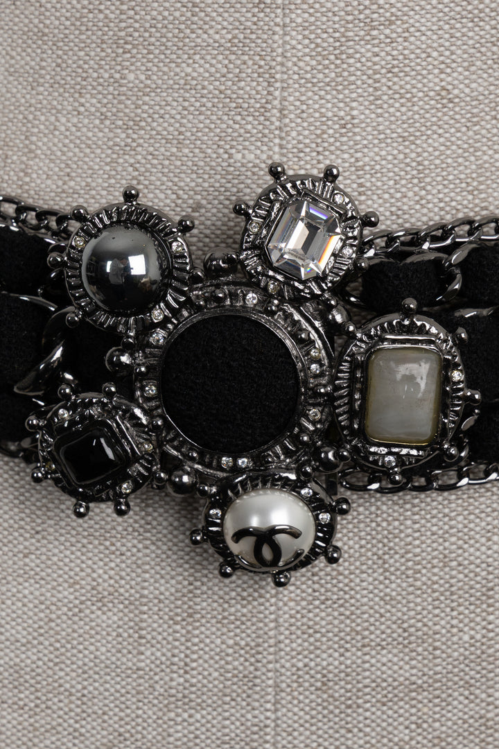 CHANEL 2005 Cross Chain Tweed Belt Black