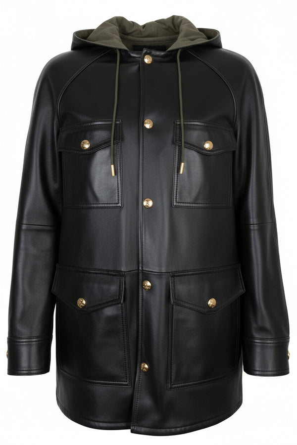 CELINE Parka en cuir noir et vert