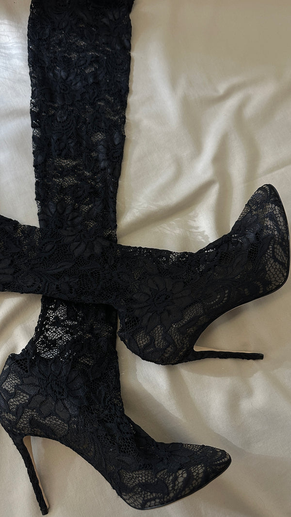 DOLCE&GABBANA Lace Overknee Heels Black