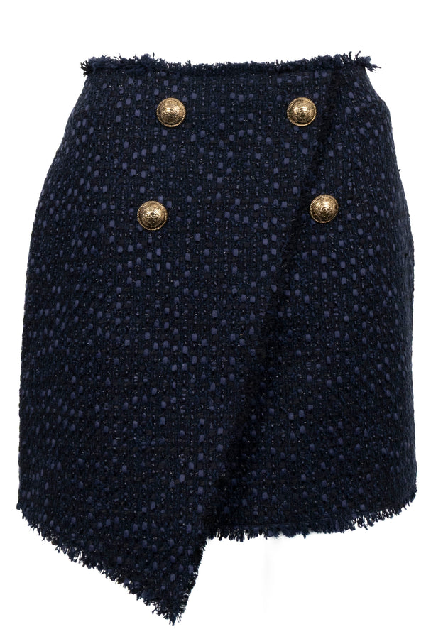 Jupe BALMAIN boutonnée signature en tweed bleu marine