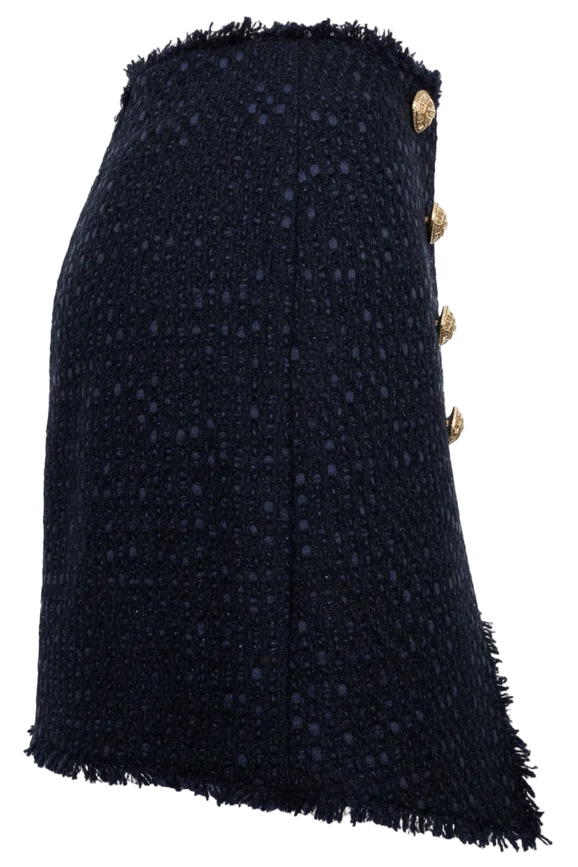 BALMAIN Signature Button Skirt Tweed Navy