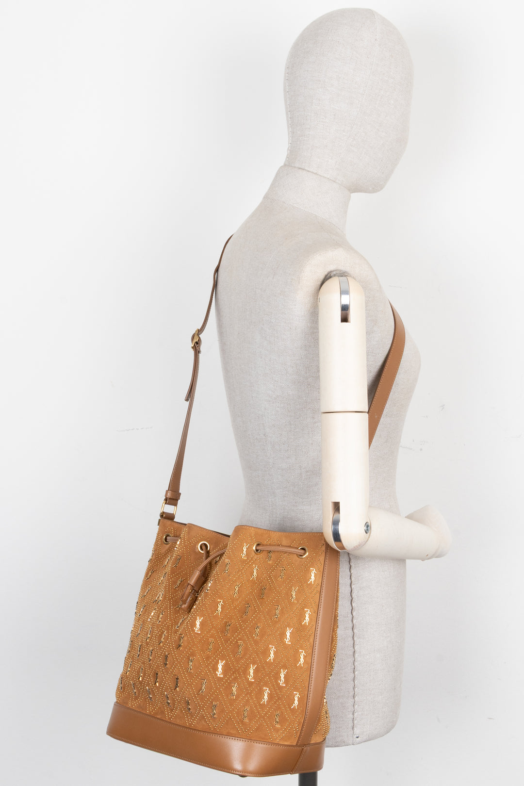 SAINT LAURENT Le Monogramme Studded Bucket Bag Suede Brown