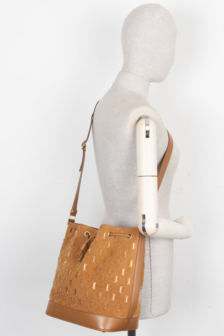SAINT LAURENT Le Monogramme Studded Bucket Bag Suede Brown