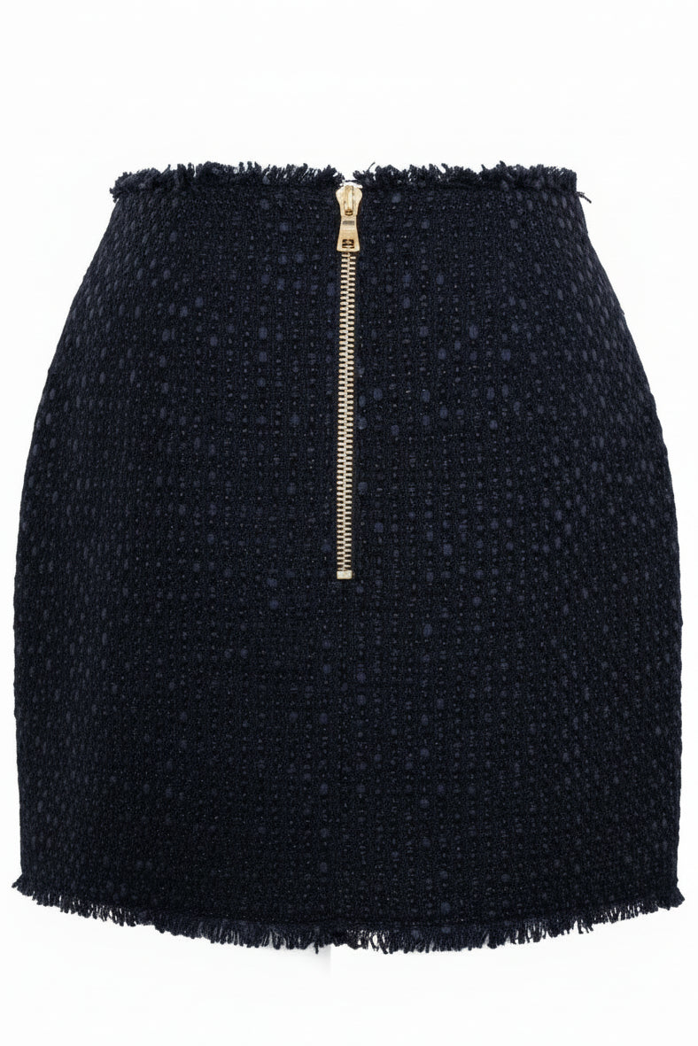 BALMAIN Signature Button Skirt Tweed Navy