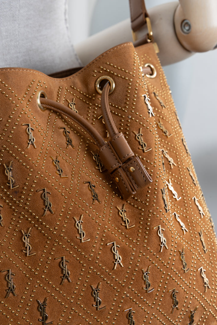 SAINT LAURENT Le Monogramme Studded Bucket Bag Suede Brown