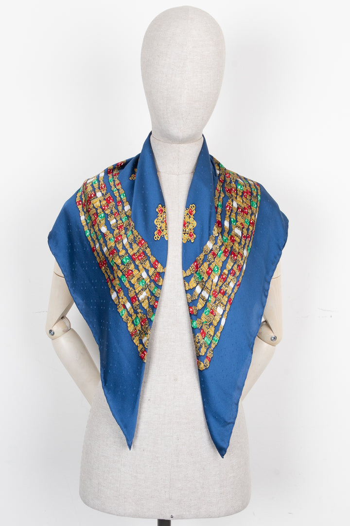 CHANEL Jewelry Print Scarf Silk Blue Gold