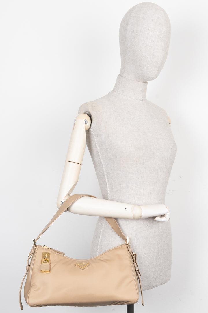 PRADA Aimée Large Re-Nylon Shoulder Bag Beige