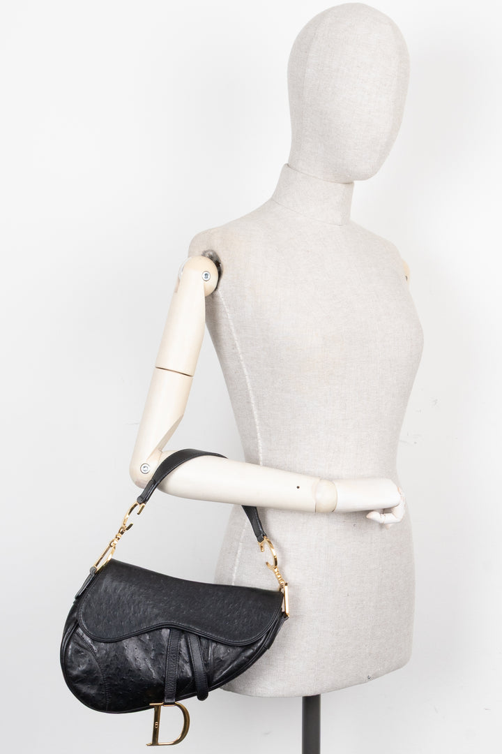 CHRISTIAN DIOR Vintage Saddle Bag Ostrich Black