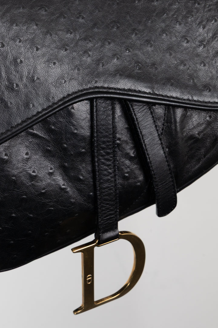 CHRISTIAN DIOR Vintage Saddle Bag Ostrich Black
