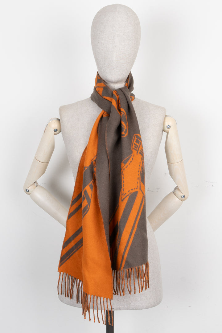 HERMÈS Sangles En Zig Zag Fringed Scarf Cashmere Orange Etoupe