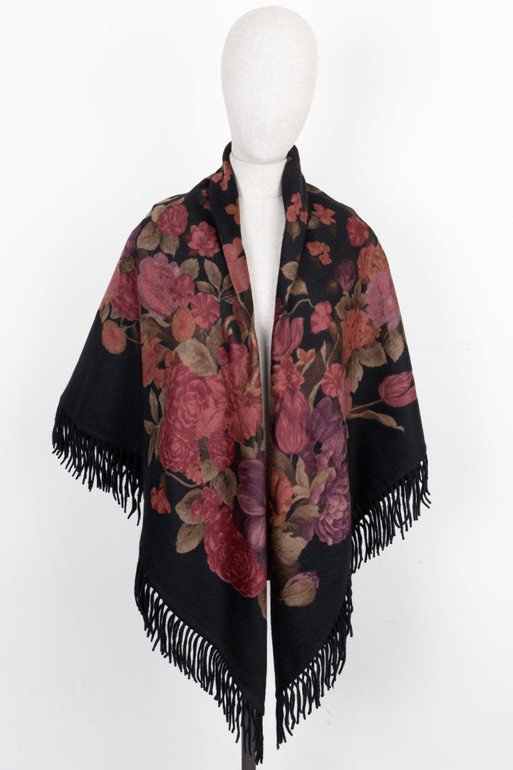 LORO PIANA Fringed Floral Plaid Cashmere Black Red