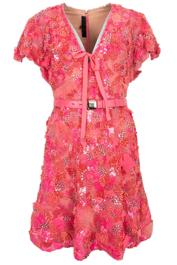 ELLIE SAAB Sequin Embellished V-Neck Mini Dress Pink