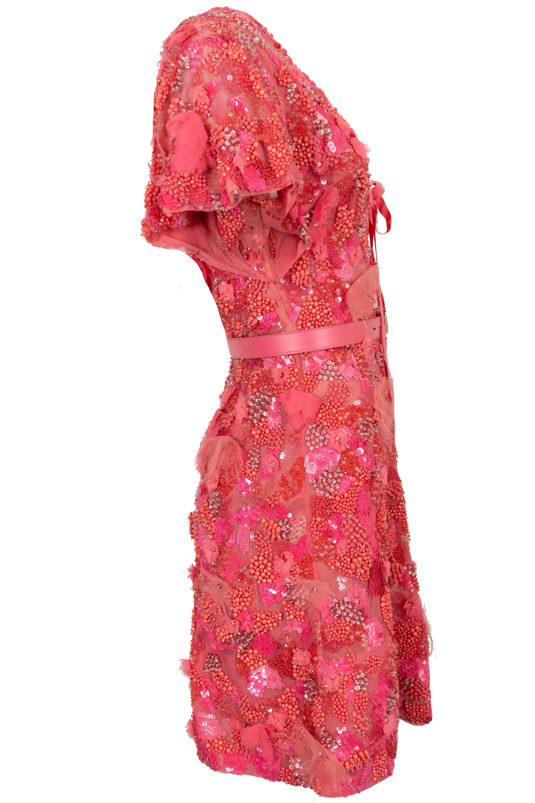 ELLIE SAAB Robe Courte Col V Brodée de Paillettes Rose