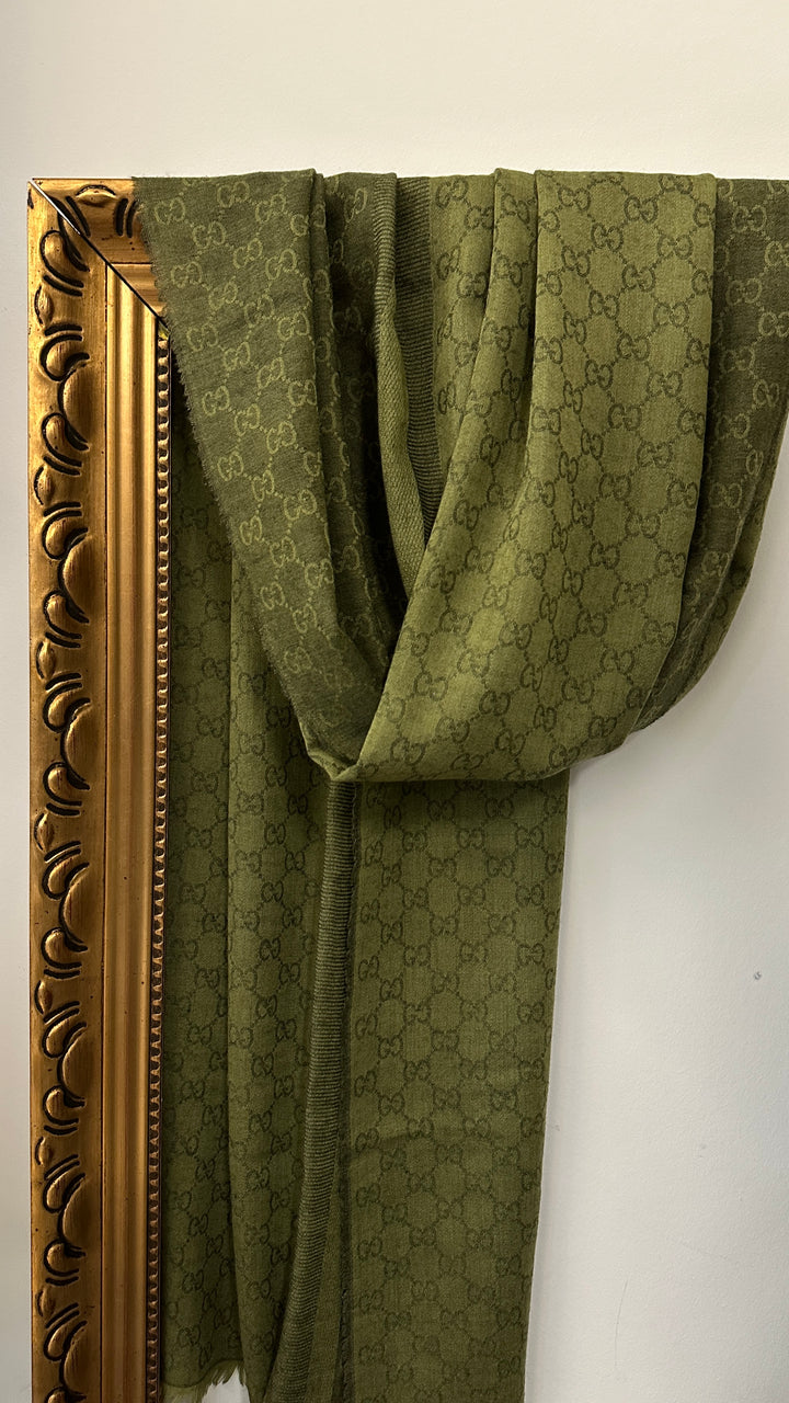 GUCCI Logo Scarf Wool Silk Olive Green