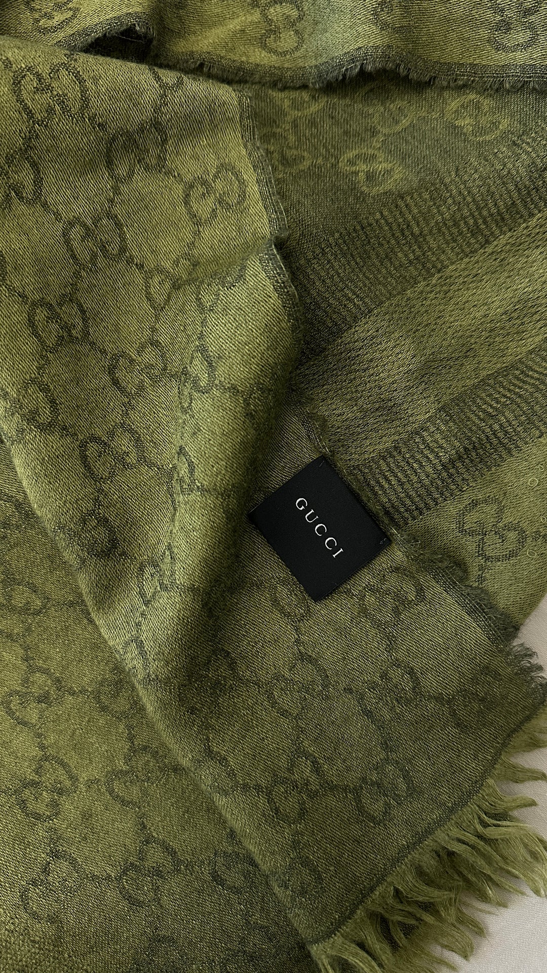 GUCCI Logo Scarf Wool Silk Olive Green