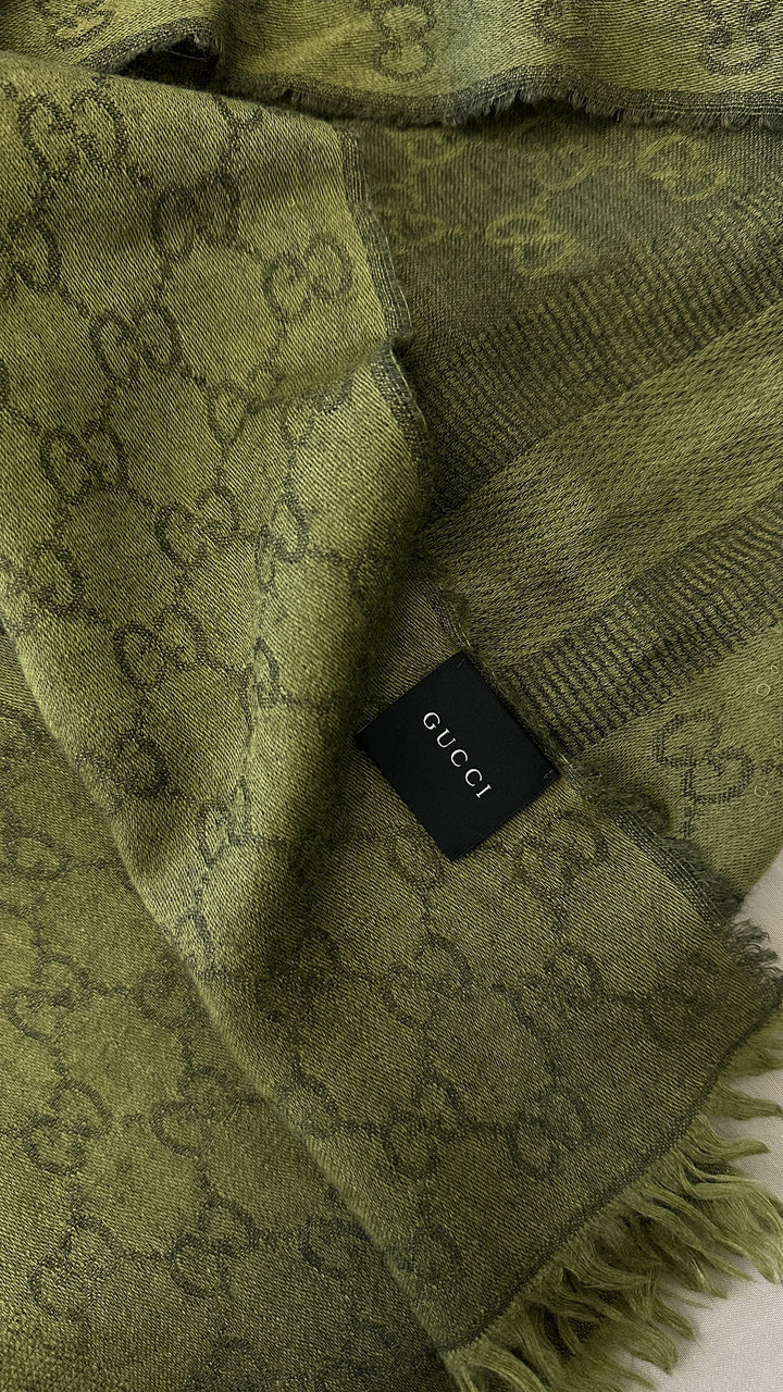 GUCCI Logo Scarf Wool Silk Olive Green