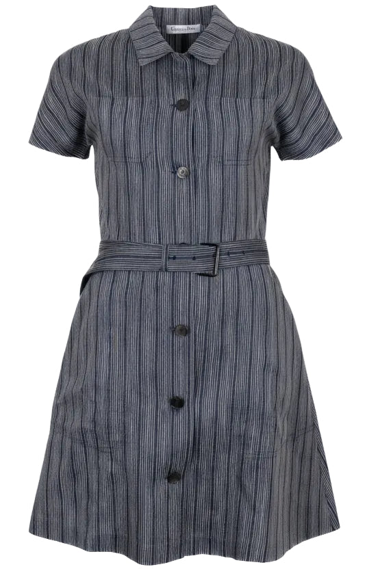 CHRISTIAN DIOR Robe Chemise Rayée Ceinturée Bleue