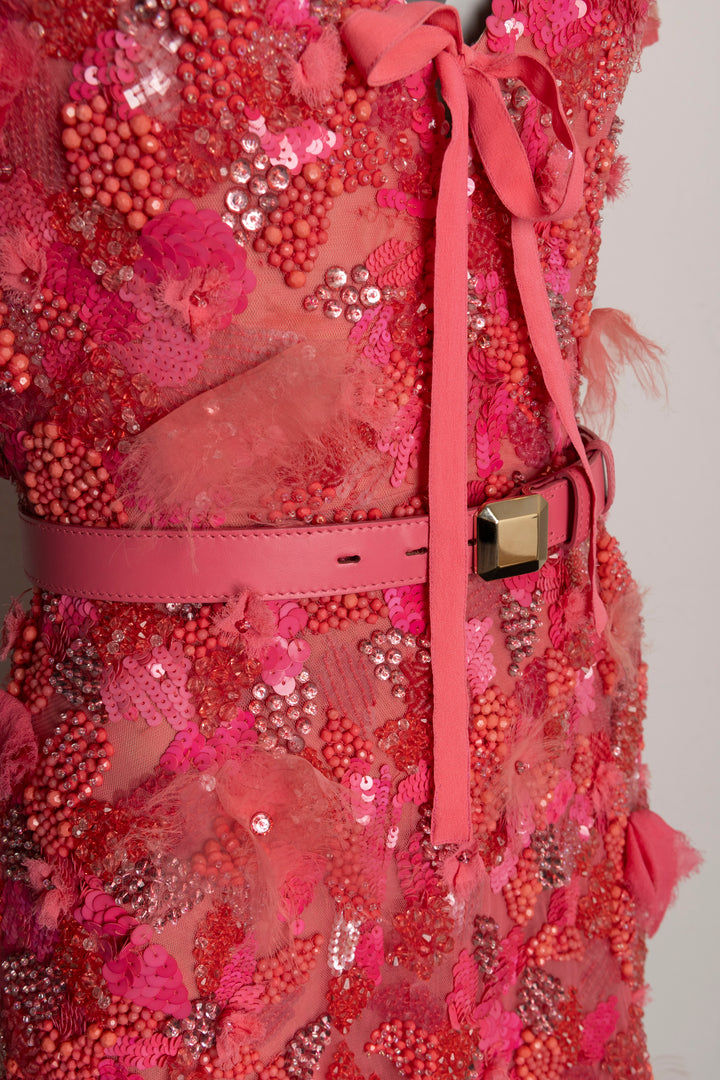 ELLIE SAAB Robe Courte Col V Brodée de Paillettes Rose