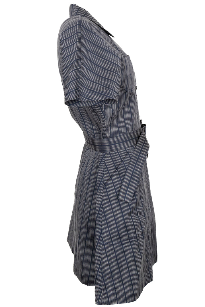 CHRISTIAN DIOR Belted Striped Shirt Dress Blue