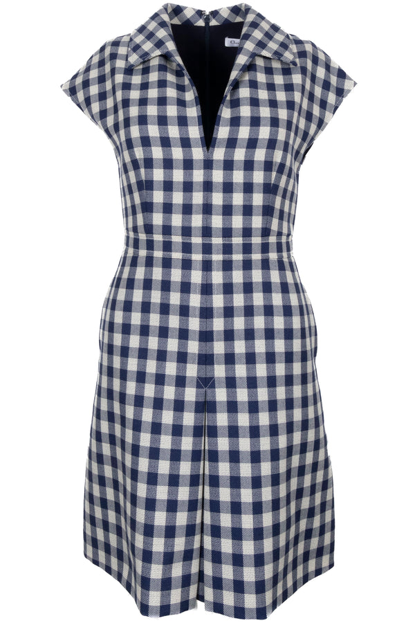 CHRISTIAN DIOR Robe plissée à carreaux bleu marine blanc
