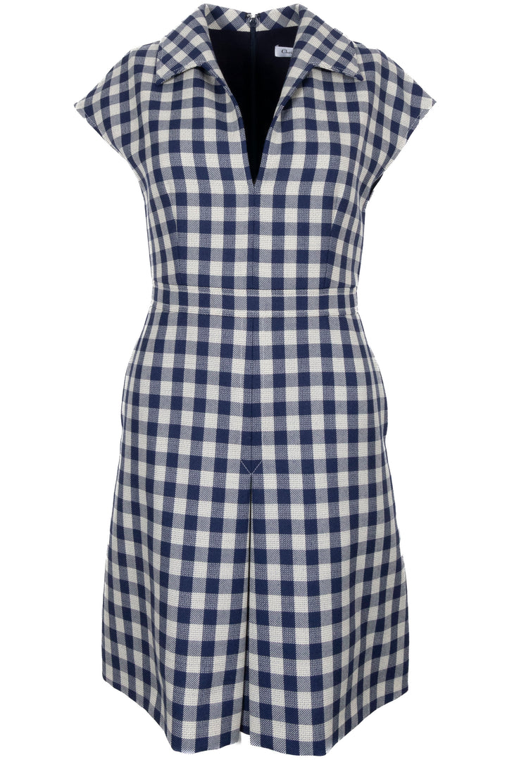 CHRISTIAN DIOR Checked Pleated Dress Navy White