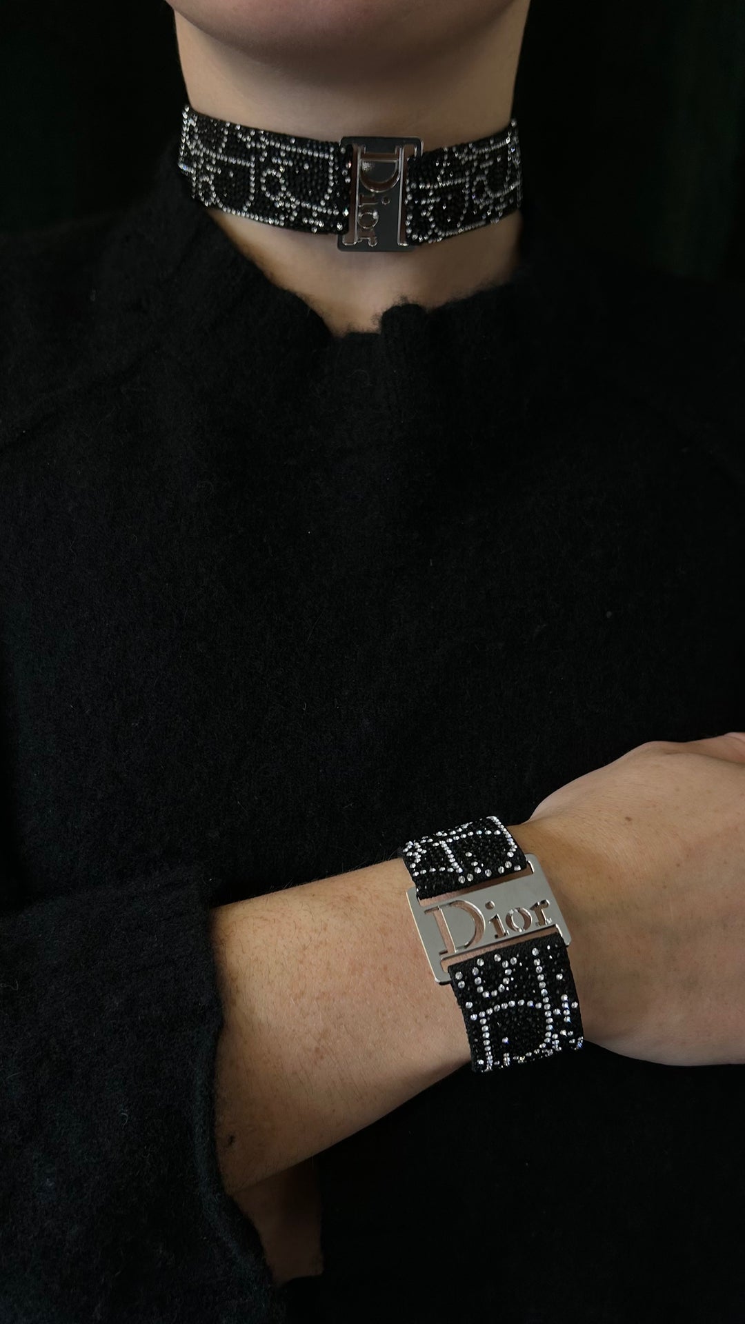 CHRISTIAN DIOR Oblique Strass Leather Choker Black Silver