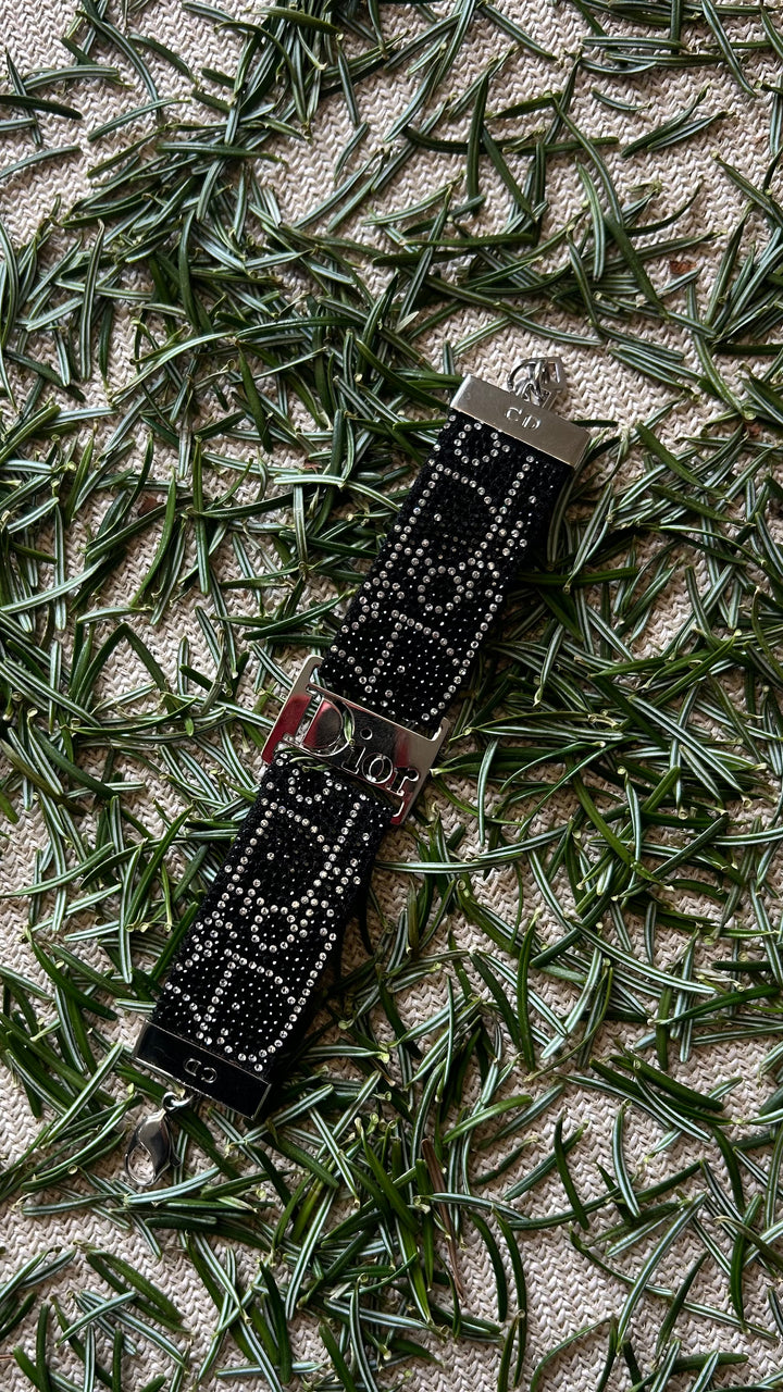 CHRISTIAN DIOR Oblique Strass Leather Bracelet Black Silver
