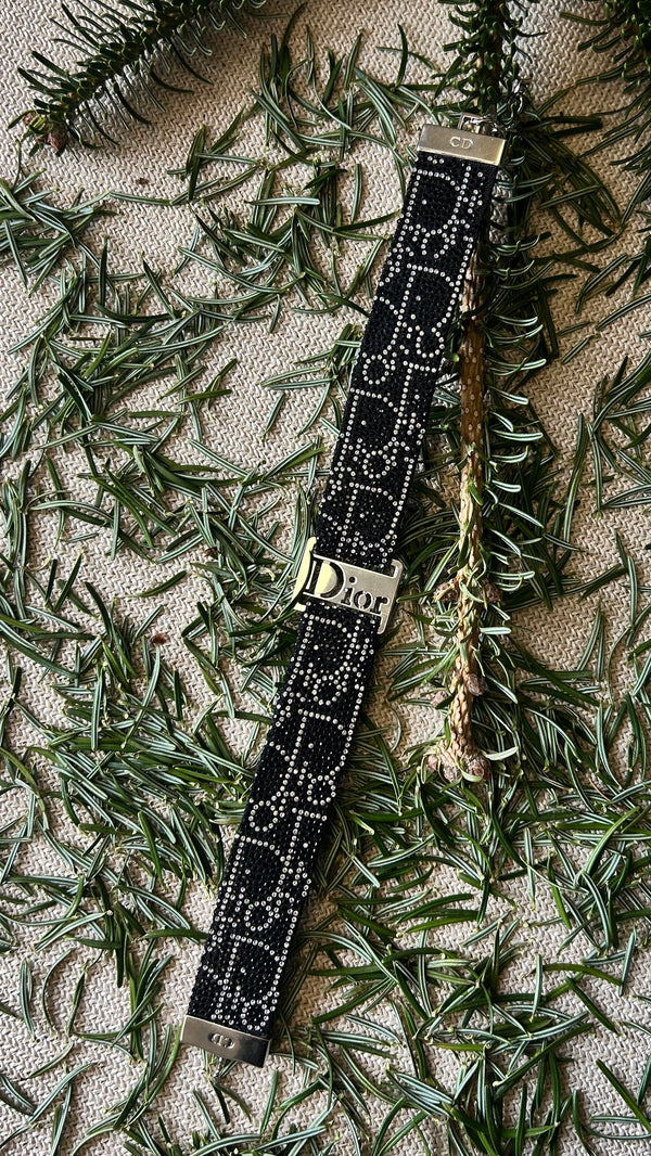CHRISTIAN DIOR Collier ras-de-cou Oblique Strass en cuir noir et argent