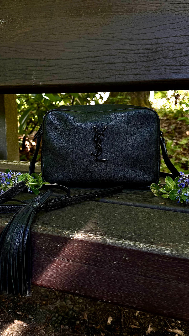 SAINT LAURENT Lou Tassel Camera Crossbody Bag Grained Leather Black
