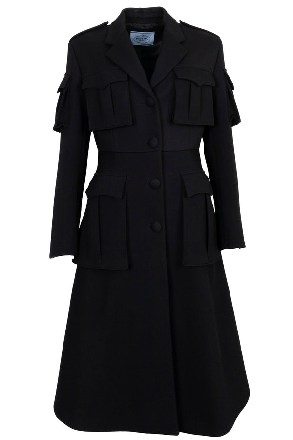 Manteau militaire PRADA 2019 en laine noire à poches plaquées