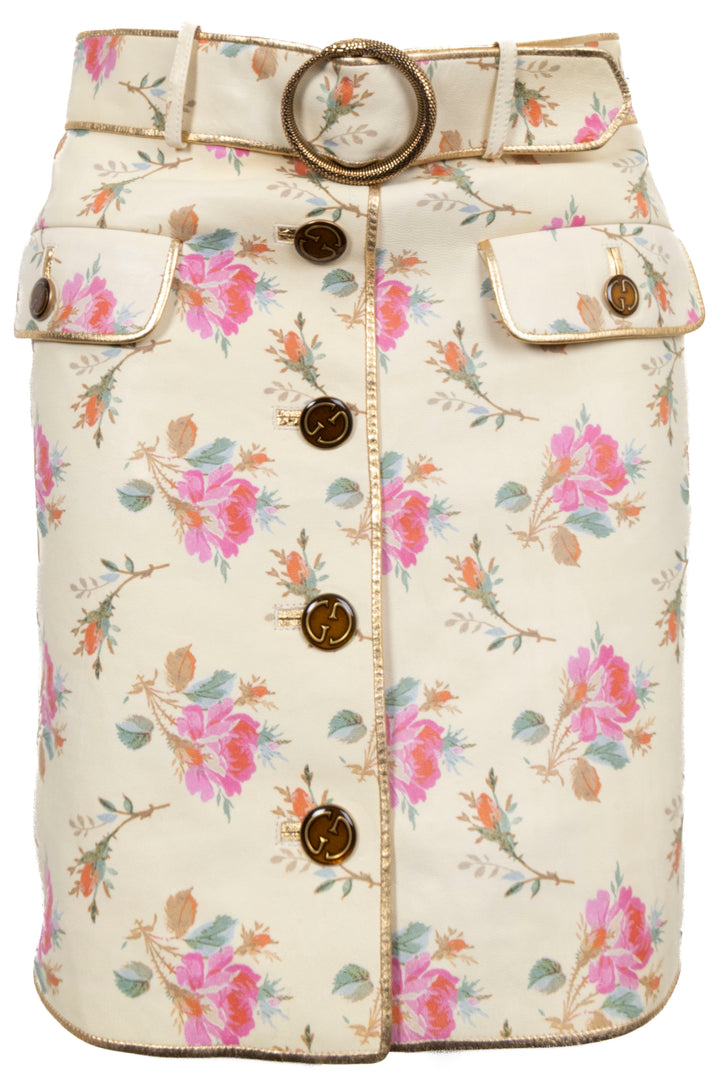 Jupe courte en cuir GUCCI à ceinture à imprimé floral, jaune clair